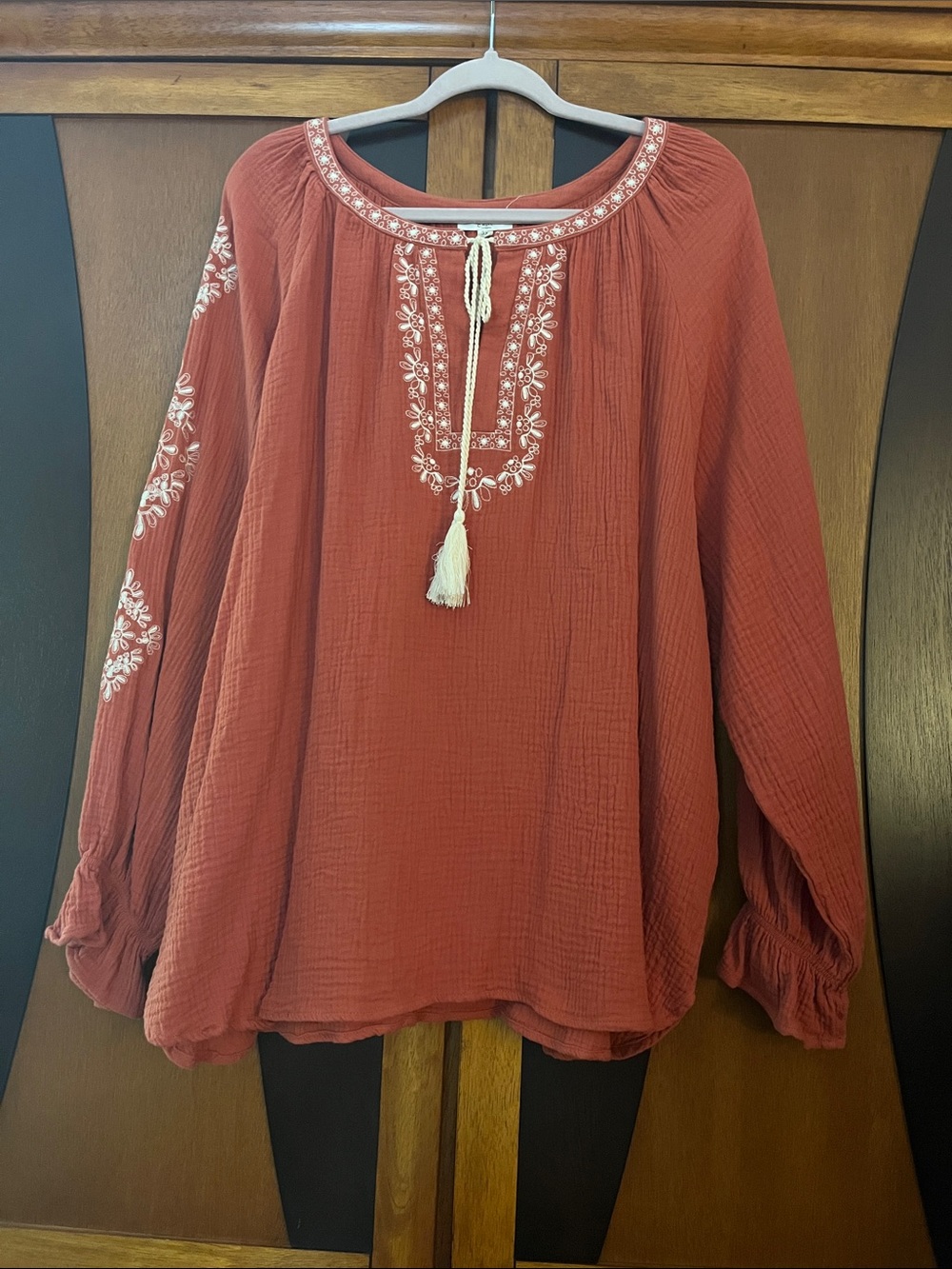 Easel Embroidered Rust Peasant Blouse w/Neck Tassel Tie-Long Ruffle Cuff Sleeves